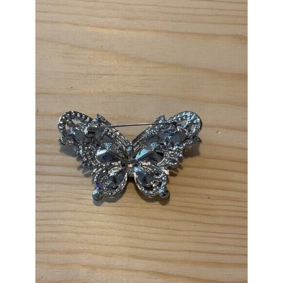 Butterfly Brooch Pin With Red Rhinestones & Silver Accents - Picture 3 of 4